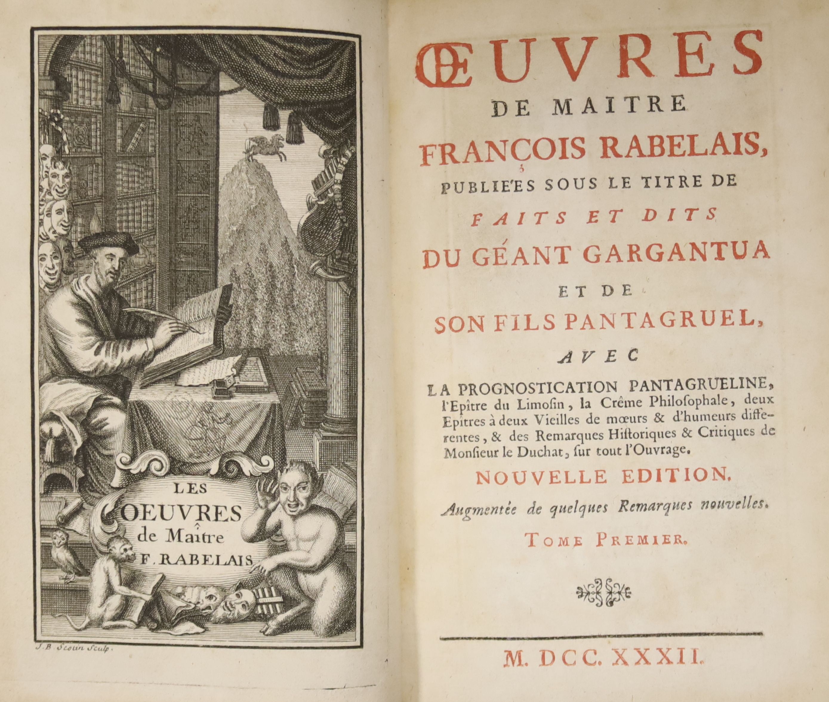 Rabelais, Francois - Oeuvres……New Edition, 6 vols, mottled calf, 12mo, with portrait, 3 folded plates and a folding map, staining to early fly-leaves and half title to vol. 2, small loss to upper left front board of same